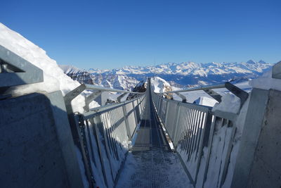 Panoramic view of snowcapped mountains against blue sky