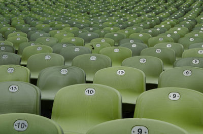 Full frame shot of empty green bleachers at stadium