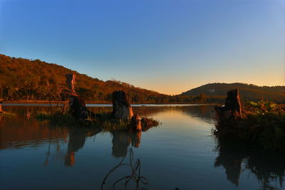 Scenic view of lake against clear sky during sunset