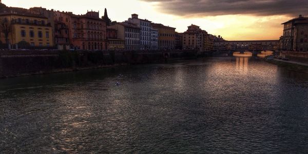 Buildings in city at sunset