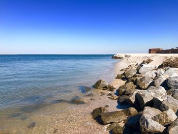 Scenic view of sea against clear blue sky