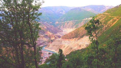 High angle view of trees and mountains