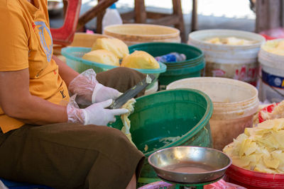 High angle view of people preparing food