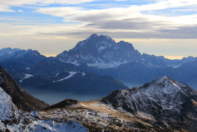 Scenic view of snowcapped mountains against sky