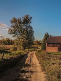 Dirt road amidst field against sky