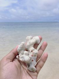 Cropped hand holding rock in sea