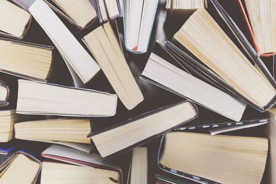 High angle view of books on table