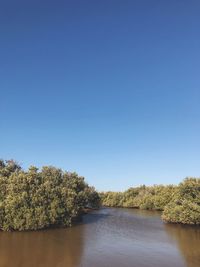 Scenic view of river against clear blue sky