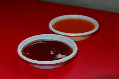 High angle view of tea cup on red table