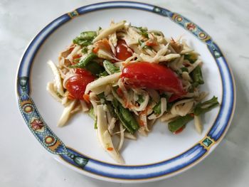 High angle view of salad in plate on table