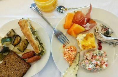 High angle view of breakfast on table