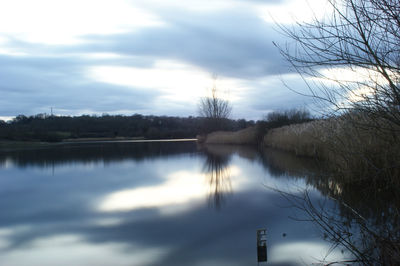 Scenic view of calm lake against cloudy sky