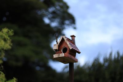 Low angle view of birdhouse on tree against sky