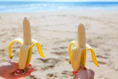 Holding in hands bananas on the beach . joyful summer vacation