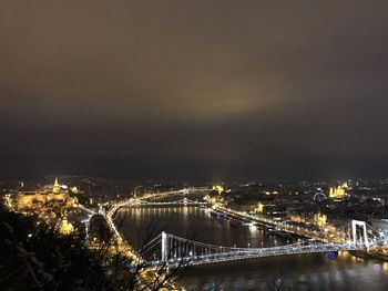 Illuminated bridge over river in city at night