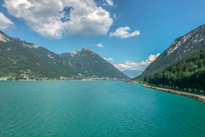 Huge mountain blue lake. untouched wildlife of europe. majestic mountains covered with trees 