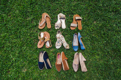 High angle view of shoes on field