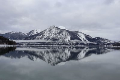 Scenic view of lake and snowcapped mountains against sky