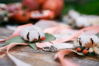 Close-up of christmas decorations on table