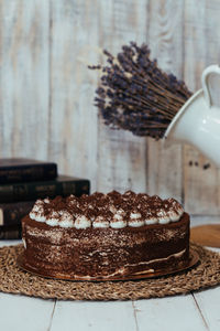 Close-up of chocolate cake on table