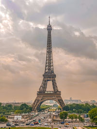 Eiffel tower against cloudy sky