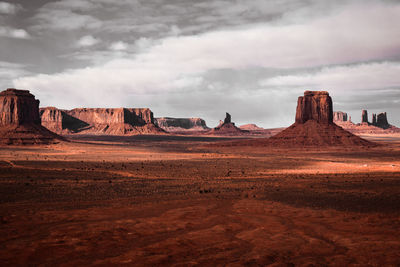 Panoramic view of rock formations on landscape against cloudy sky