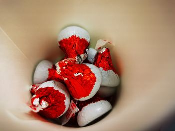 High angle view of red toy on table