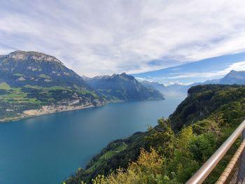 Scenic view of lake and mountains against sky