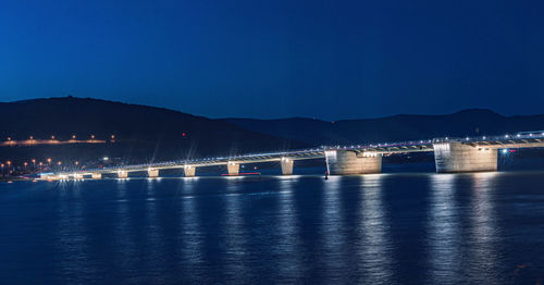 Bridge over river against clear sky at night
