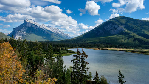 Scenic view of lake and mountains against sky