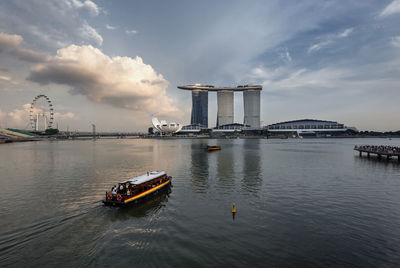 Boat in river against sky