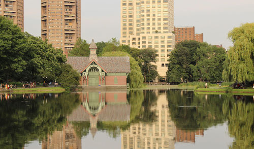 Scenic view of lake at park in city