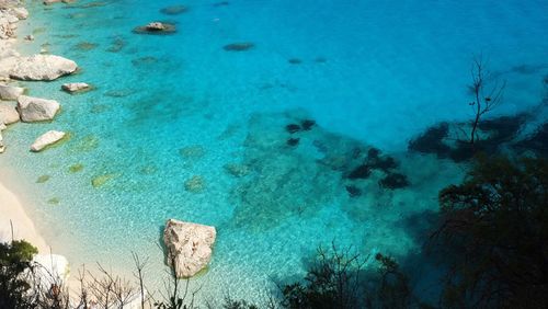 High angle view of sea against blue sky