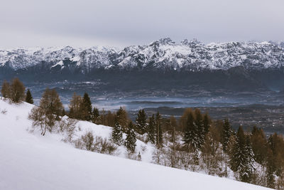 Scenic view of snow covered mountains against sky