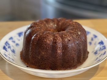 Close-up of cake in plate on table