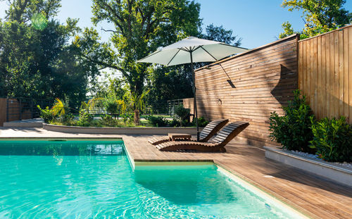 Empty swimming pool against trees