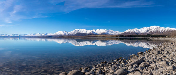 Scenic view of lake by snowcapped mountains against sky