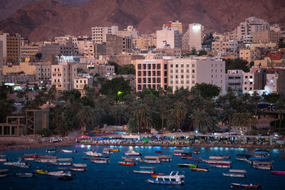 High angle view of boats moored in sea