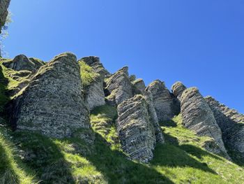 Low angle view of rocks against clear blue sky