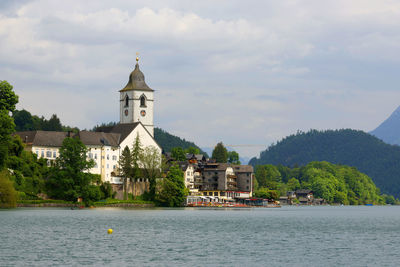 Buildings by river against sky