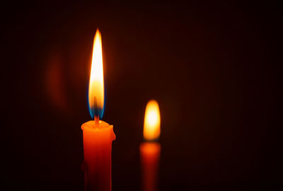 Close-up of lit candle against black background