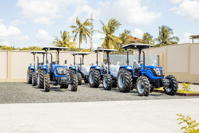 Rear view of blue tractors 