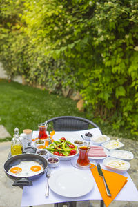 High angle view of breakfast served on table