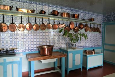 Potted plants on shelf at home