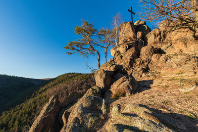 Low angle view of rock formation against sky