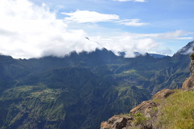 Aerial view of mountain range against sky