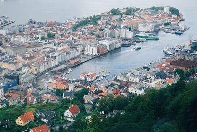 High angle view of river amidst buildings in bergen city