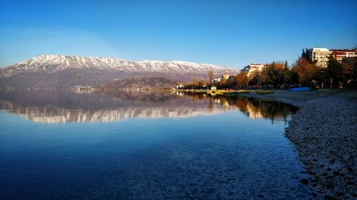 Scenic view of lake and mountains against clear blue sky