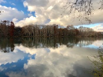 Reflection of trees in lake against sky