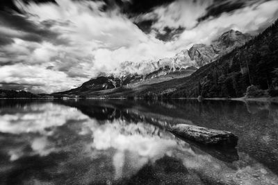 Scenic view of lake and mountains against sky